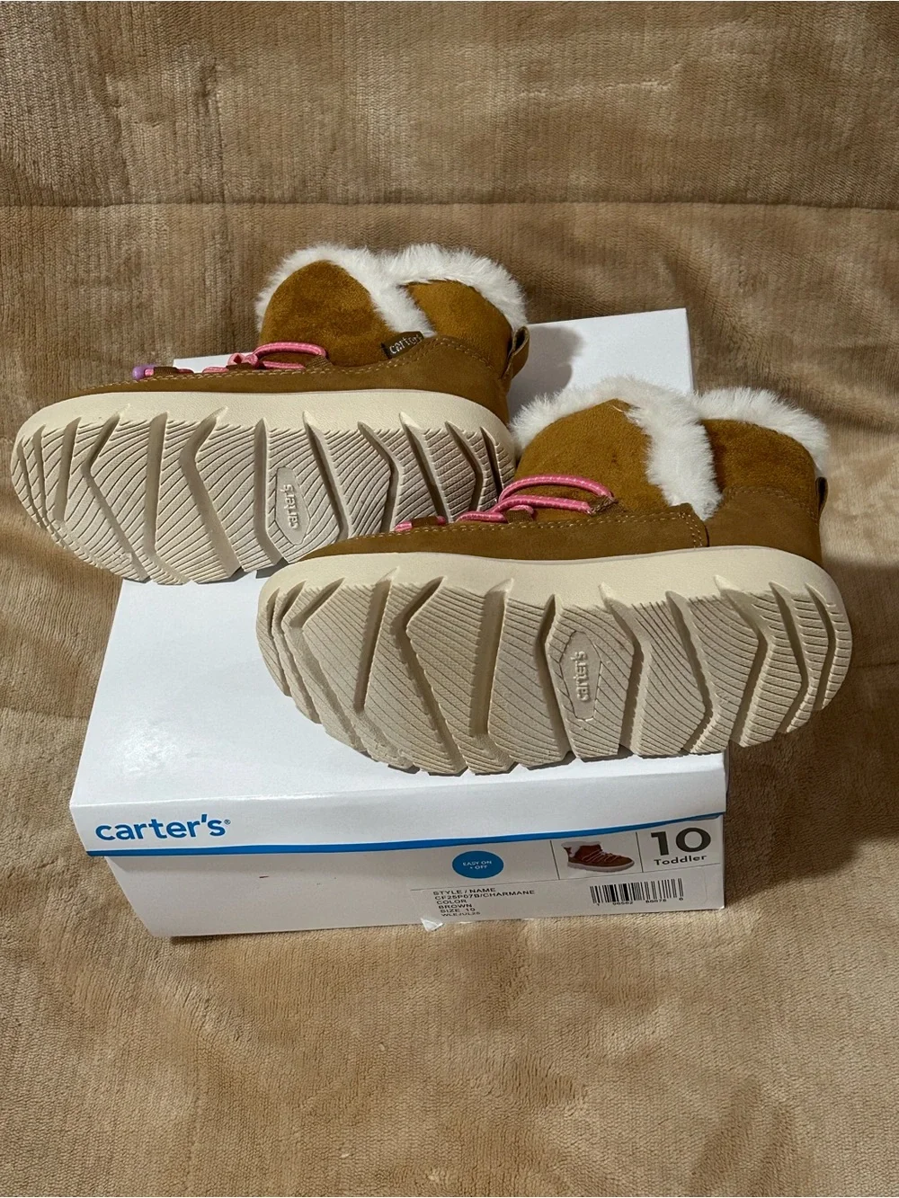 Carter's Brown Faux-Shearling Kids Boots with Pink Laces and Bead Charms